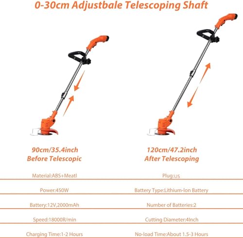 3-in-1 Electric Weed Wacker Battery Operated, 12V Cordless String Trimmer Weed Eater with 2X 2.0Ah Battery, Fast Charger, 3 Types Cutting Blades, Portable Grass Trimmer Lawn Edger for Garden Yard - Thumbnail 7