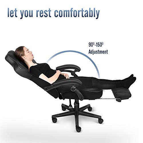 ARTETHYS Gaming Chair with Massage for Adults Ergonomic Racing Style High Back Computer Chair with Footrest Headrest and Lumbar Support PU Leather 90-150 Degree Tilt Black