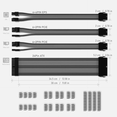 PSU - Cavo di alimentazione per PC, rivestito in morbido nylon intrecciato con pettine, 24 pin/8 pin, fino a 6 + 2 pin, 8 pin, fino a 4 + 4 pin, 300 mm, colore: nero e grigio - Alimentatore - Immagine 4