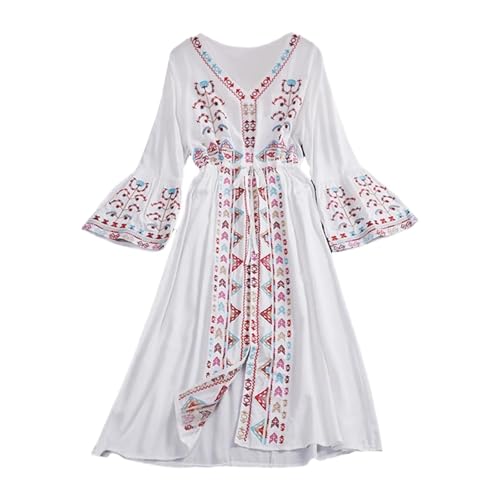 JISADER Damenkleid mit Trompetenärmeln, Strandkleid für Urlaub, Shopping, Pendeln, Reisen, Weiß