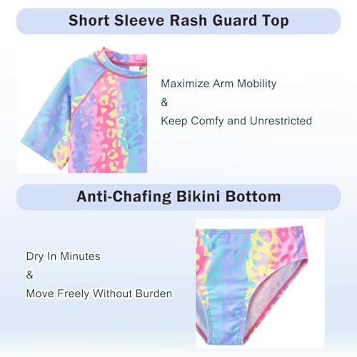 Image of Girls Two Piece Swimsuits Short Sleeve Rash Guard Swim Shirt Bikini Bottom Swim Set Bathing Swim Set Swimwear 3-16 Years