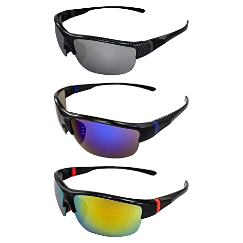 AlterImage Guardian Wraparound Sports & Motorcycle Retro Sunglasses for Men or Women 3 Pair Semi-Rimless Gray & Black Frames w/Flash Mirror & G-Tech Blue/Red Lenses