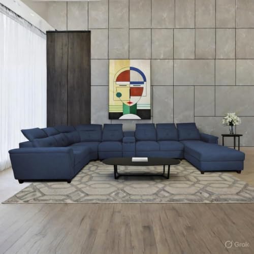 Image of Mishel 12 Seater Sofa Set for Living Room | Sectional U Shaped 12 Seater Sofa with Storage & Cupholder (Blue Fabric, RHS)