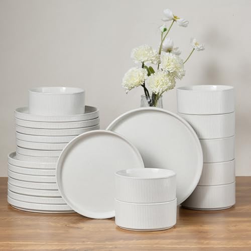 Image of E-far 24-Piece Stoneware Dinnerware Sets, Plates and Bowls Sets for 8, Kitchen Modern Dinning Porcelain Dishes Set, Chip & Scratch Resistant, Dishwasher & Microwave Safe, Speckled White