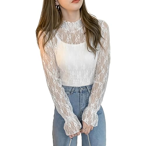 [fourfivesixはる] チュールレース ハイネック 総レースブラウス レース インナー トップス シースルー インナーシャツ 重ね着風 長袖 透け 薄手 大人セクシーインナー ブラウス 柔らかい (XL, 01 ホワイト) - fourfivesixはる - 商品画像