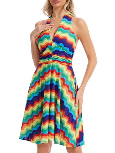 Image of Women's Summer Sundress- 2025 Sexy Halter Sleeveless Spring Boho Elastic Waist Ruffle Mini Dress
