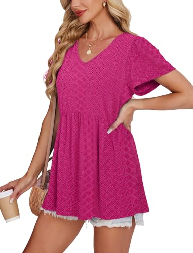 Image of OFEEFAN Womens Summer Tops Babydoll Short Sleeve Shirts Puff Sleeve Peplum Tops V Neck T Shirts
