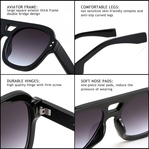 Image of FEISEDY Vintage Aviator Sunglasses Double Bridge Women Men Large Square Thick Frame Trendy Eyewear UV400 B2846
