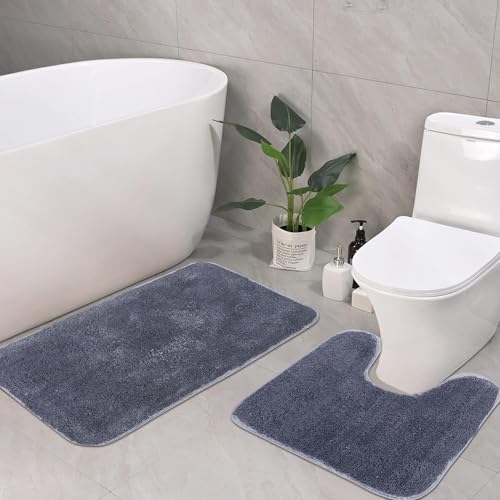 Image of Pano Microfiber Anti-Slip Bathmat Set with Contour Mat Grey | Pack of 2 (50x75 cm & 50x50 cm) | Soft, Super Absorbent & Non-Slip Mats for Shower, Bathroom, Kitchen & Home