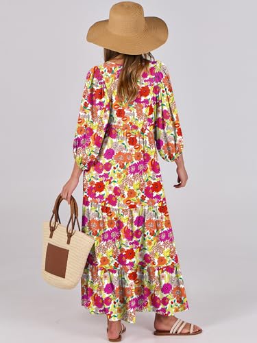 Image of ANRABESS Womens Boho Floral 3 /4 Puff Sleeve Maxi Dress | Tiered Flowy Loose Fit, Comfy Soft Rayon Fabric, Wedding Guest Church Beach, Modest Elegant, Spring Summer Fall Outfits