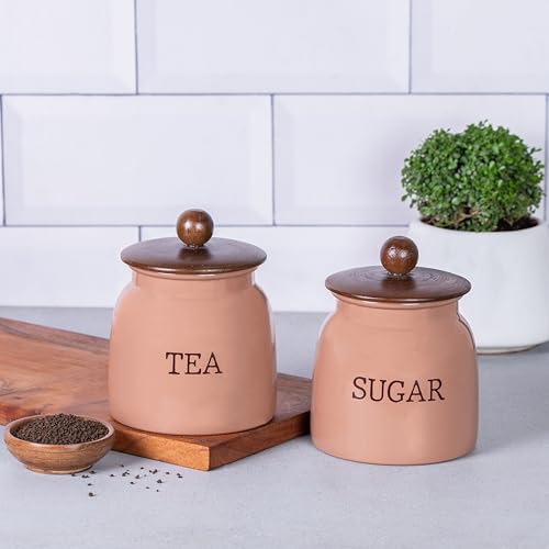 Image of Metallure Home Modern Kitchen Set | Air Tight Containers for Kitchen Storage | Tea Sugar Container Set of 2| Wooden Lid Container | Food-Safe Metal Containers |Jar Container Set for Home(Mocha Mousse)