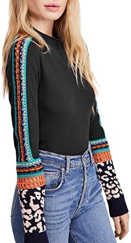 Free People Womens Contrast Trim Mock Neck Pullover Top Black XS