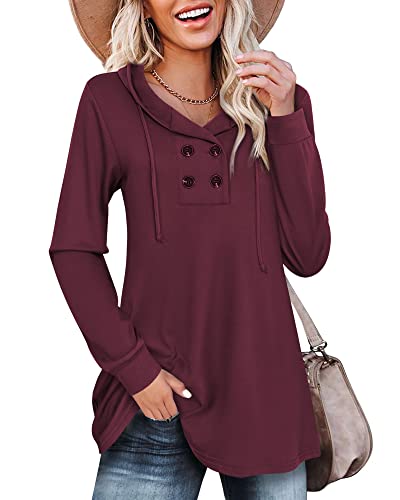 Long Sleeve Pullover Hoodie, Youtalia Women Lightweight Hooded Sweatshirts Thin Loose Fit Casual Tunic Hoodies Button Knitting Flowy Tops Curved Hem Sweatshirt Solid Cotton Sweater Shirts Fall Clothes #TOP19