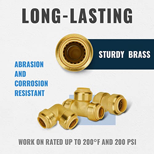 Image of SUNGATOR 25-Pack Push Fitting 3 /4 inch, 10 Each Coupling and Elbow, Tee (5 PCS) | Brass, Push-to-Connect, for Pex Pipe, Copper, CPVC, PE-RT, with 1 Disconnect Clip