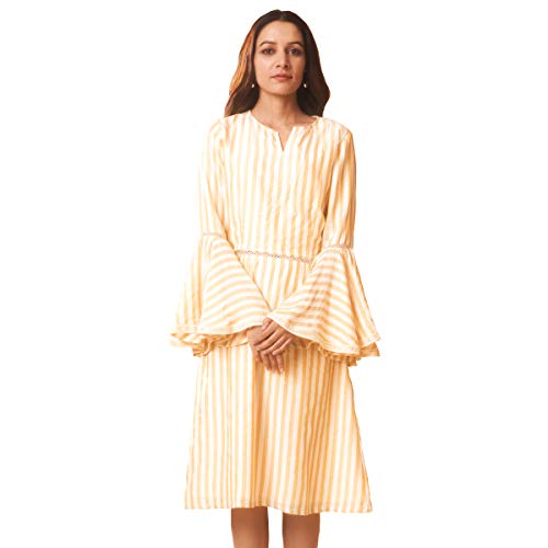 Image of DEEBACO Women's A Line /Fit & Flare Knee Length Dresses for Women Bell Sleeve Printed Striped Dress Midi for Girls Western Lace Dresses (Pink, Blue, Green, Yellow)