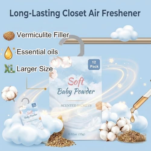 Image of 12 Packs Baby Powder Hanging Scented Sachets for Drawers and Closets with Retractable Hook| Long-Lasting Closet Air Freshener & Closet Deodorizer | Closet Scent Freshener