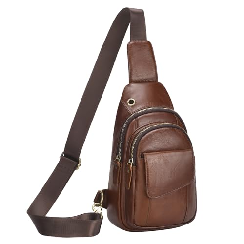 Full-Grain Leather Crossbody Bags for Men Women, Vintage Genuine Leather Sling Bag, Trendy Casual Chest Bag, Light Brown