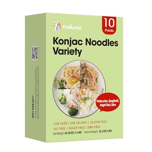 Image of Hethstia Shirataki Noodles Variety Pack, 10 Packs, Ready to Eat | Includes Fettuccine, Angel Hair, Spaghetti & Rice, Keto-Friendly, Vegan, Gluten-Free, Low Calorie, Zero Sugar, Konjac Noodle