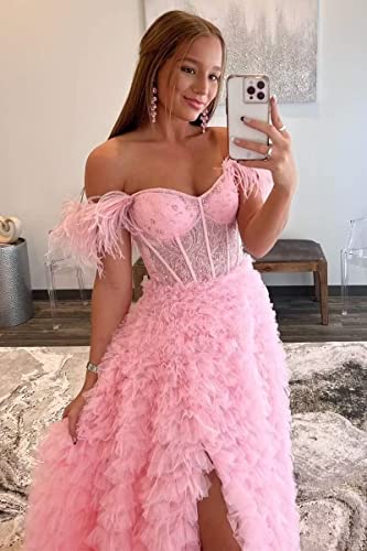 Qqcute Off Shoulder Feather Royal Blue Prom Dress Ruffles Tulle Ball Gown Long Slit Formal Dress For Women Corset Formal Evening Gowns(24) #TOP3