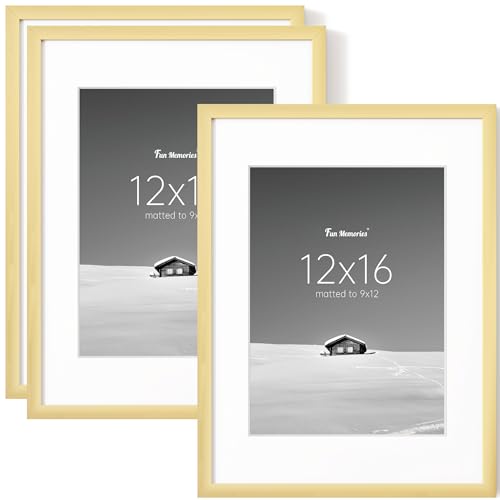 Fun Memories 12x16 Picture Frame Set of 3, Display Pictures 9x12 with Mat or 12x16 Without Mat, 12 x 16 Frame for Photos, Posters & Art Prints, Gallery Photo Frames for Wall & Tabletop Display, Gold