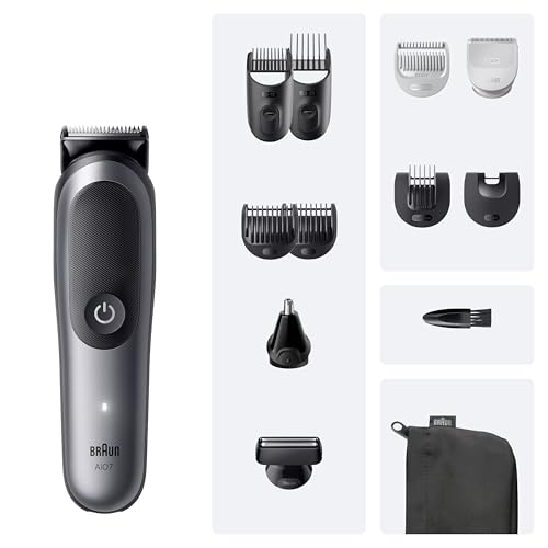 Braun All-in-One Series 7, 12-in-1 Multigroom, Barttrimmer, Nasenhaartrimmer, Haarschneidemaschine für Gesicht, Kopf und Körper, 120 Min Akku, 14 Längen (0.1–21 mm), Wasserdicht, AIO7545, Grau