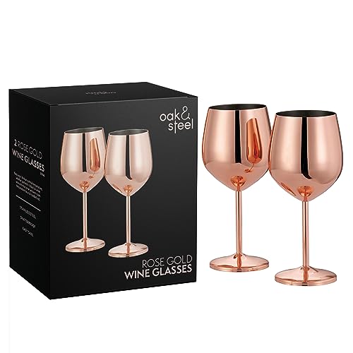 Oak & Steel - 2 Copas de Vino de Acero Inoxidable en Oro Rosa, 520 ml - Copas de Vino Tinto...