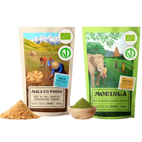 NaturaleBio - Maca Andina Ecológica en Polvo 1kg & Moringa Oleifera Ecológica en Polvo 1kg - Vegano, Sin Azúcares Añadidos