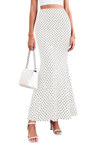 PRETTYGARDEN Women's Maxi Skirt 2026 Summer Flowy Polka Dot Floral High Waisted Mermaid Office Work Spring Long Slip Skirts (Dot White Black,Small)