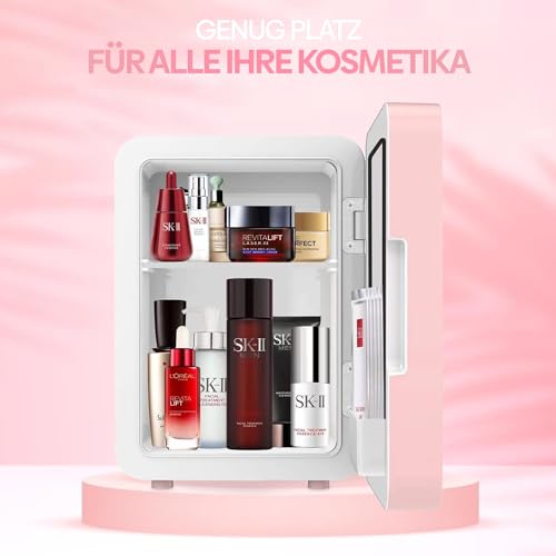 Olvy Kosmetik Kühlschrank 4 Liter, Tragbarer Mini Kühlschrank mit LED Spiegel, Klein Skincare Fridge, Kühl und Heiß für Zimmer, Rosa