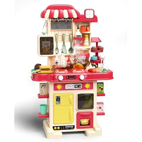 49Pcs Kitchen Playset for Boys & Girls, Kid Play Kitchen with Realistic Lights & Sounds, Spray Sink Toy Kitchen Accessories, Pretend Food Toys Kitchen for Toddlers(Red) Cover