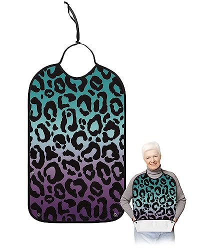 LEOKOTI Teal Purple Ombre Leopard Adult Bibs for Eating, Waterproof Bibs with Food Catcher & Adjustable Snap Closure, Modern Cheetah Abstract Art Aesthetics Clothing Protectors Adult Bibs for Elderly