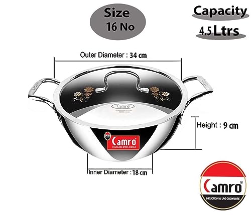 Image of Camro Triply SAS Metal Artisian Kadhai with Lid 30 cm, 5.1 LTR (16 No) | Food Grade Stainless Steel | Easy to Cook | 35+ Years of Quality and Innovation