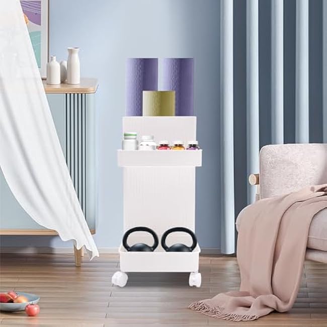 Yoga Mat Storage Rack with Wheels, Weight Cart Stand Small Gym Racks Yoga Racks, Storage Organizer Home Gym Equipment for Homes, Gyms, Schools (White)