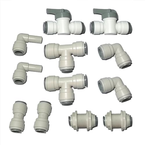 12pcs 1/2 inch water line Quick Connect Push In to Connect Tube Fitting for RO Reverse Osmosis Water Filter Tube Fittings. (Valve + Tee + Elbow + Straight + Bulkhead + Elbow stem)