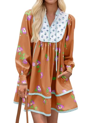 Image of Wenrine Womens Casual Floral Mini Dress Fall Long Sleeve V Neck Patchwork Loose Boho Shirt Dresses