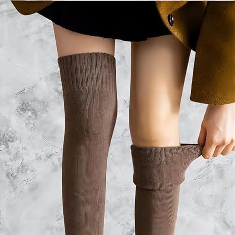 SAYFINE Wool Warm Thigh High Socks Extra Long Cotton Knitted Warm Thick Thermal Woolen for Women Winter Wear Knee Length Leg Warmers Tall Long Boot Cuffs Cap Stocking Girls Stripe Warmer 3