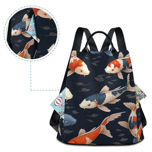 Mochila para mujer Koi Fishes Dark con acabados premium y bolsillo trasero con cremallera 4