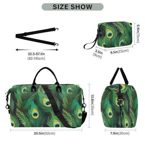 Generic Peacock Feathers Green Travel Duffle Bag Duffel Bags Gym Bag Carry On Duffle Bag with Toiletry Large Overnight Bags Luggage Weekender Bag for Women Men Adults Airplanes Ttrip Yoga Sports3
