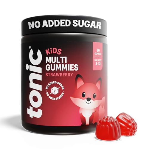 Tonic Health Kids Vitamins Gummies - 14 in 1 Kids Multivitamin with Vitamins A C D E and Zinc Strawberry Flavour Month Supply (60 Count) Ages 3-12 No Added Sugar No Sweeteners Vegan
