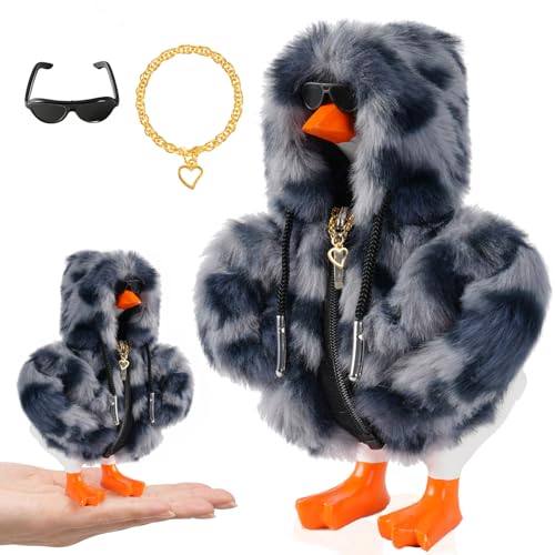 SECVOY 7inch Desk Goose Outfits Mini Desktop Goose Clothes with Sunglasses & Necklaces Grey Leopard Plush Hoodie Set Accessories for Magnetic Goose Statue (Grey Leopard)