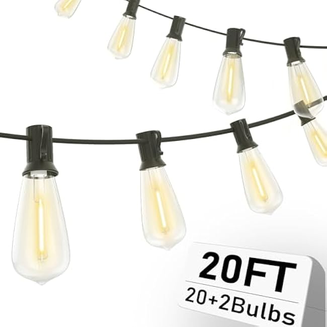 LED Patio String Lights 20Ft with 22 ST40 LED Edison Bulbs, Waterproof Outdoor Hanging Lights for Porch, Deck, Garden, Backyard, E17 Base, 2700K Dimmable, Vintage String Lights- Black Wire
