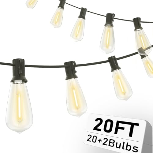 LED Patio String Lights 20Ft with 22 ST40 LED Edison Bulbs, Waterproof Outdoor Hanging Lights for Porch, Deck, Garden, Backyard, E17 Base, 2700K Dimmable, Vintage String Lights- Black Wire
