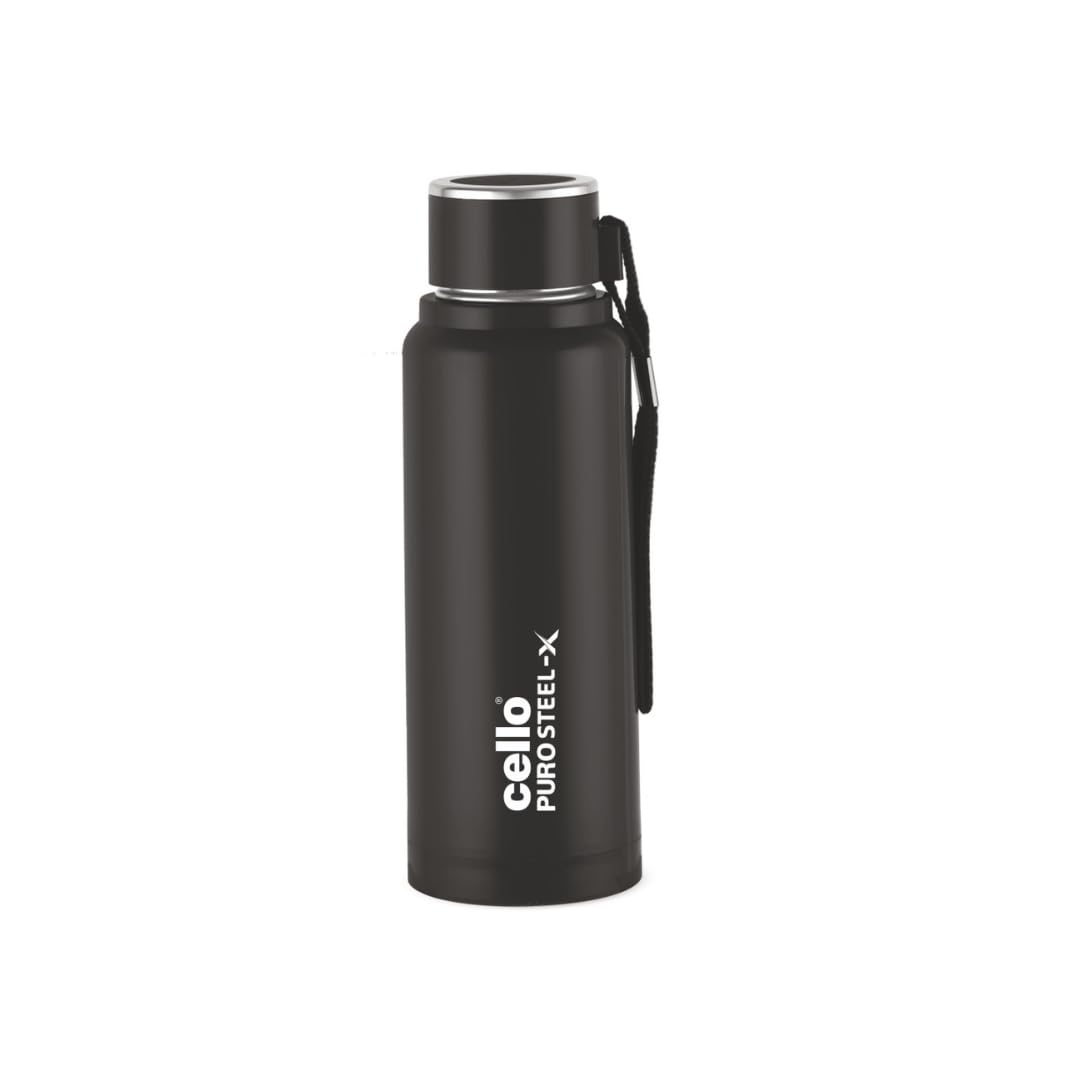 Cello Puro Steel-X Benz PU Insulated Water Bottle 410ml, Black | BPA Free, Leakproof, ISI Certified | Hot & Cold Bottle for Gym, Office, College, Travel, Outdoor Sports & Yoga with Carry Loop