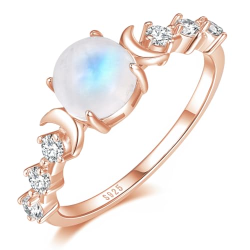 Angol Natural Moonstone Ring for Women 925 Sterling Silver Triple Moon Goddess Engagement Promise Ring Anniversary Birthday Christmas Valentines Day Gift for Her (Natural Moonstone-Rose Gold 7)
