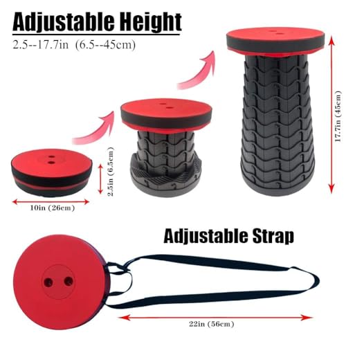 Image of ABTER Portable Folding Stool for Camping, Hiking, Fishing & Travel - Adjustable Telescopic Retractable Seat with Carry Strap, Round Compact Foldable Chair for Adults & Kids Outdoor Indoor Use