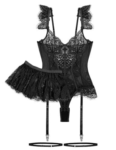 Mixxmix Women Lingerie Sets Lace Bodysuit Lingerie for Women Sexy Garter Teddy Babydoll Corset Rave Outfits for Women(Black,M)