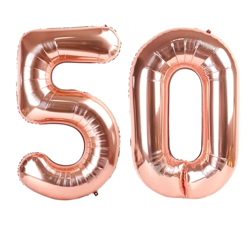 Image of Number Balloons 50 Balloon 40 inch Rose Gold for 50th Birthday Decoration | Saturated Color, Large 40 in, With Straw & Hanging Hole, For Back-to-School Season, Wedding, Christmas, New Year, Anniversary