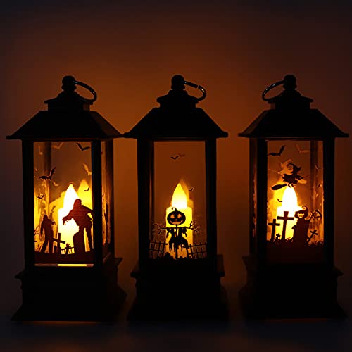Halloween Lamp Lights, Portable Lanterns Orange Candle, Spooky Skeleton Owl Bat Castle, Flame Lights Hanging Lanterns for Home Party Porch House Bar
