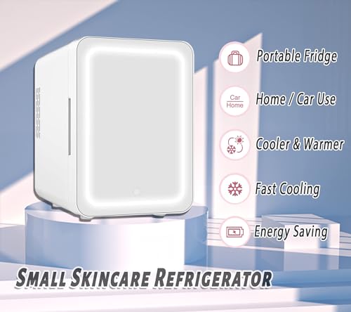 VNIMTI Mini Fridge 4L/6 Cans,Portable Skincare Fridge with LED Mirror,Small Makeup Fridge for Bedroom,Cooler & Warmer Refrigerator Home,Car,Cosmetic,Food,Drink,Beauty,Table Top,Travel (4L- white) - Image 2