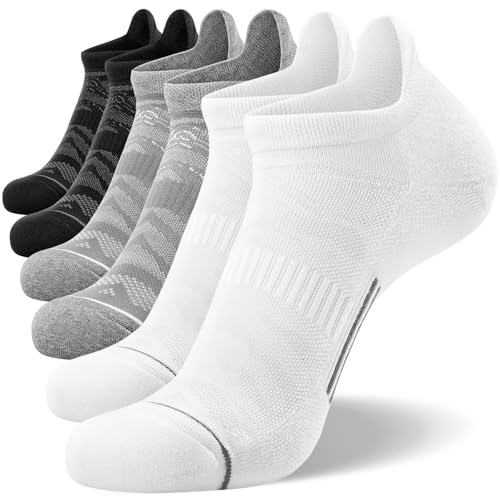 FITRELL 6 Pack Ankle Running Socks for Men and Women Low Cut Cushioned No Show Athletic Sports Compression Socks, Shoe Size 9-12, Black+White+Grey Mixed